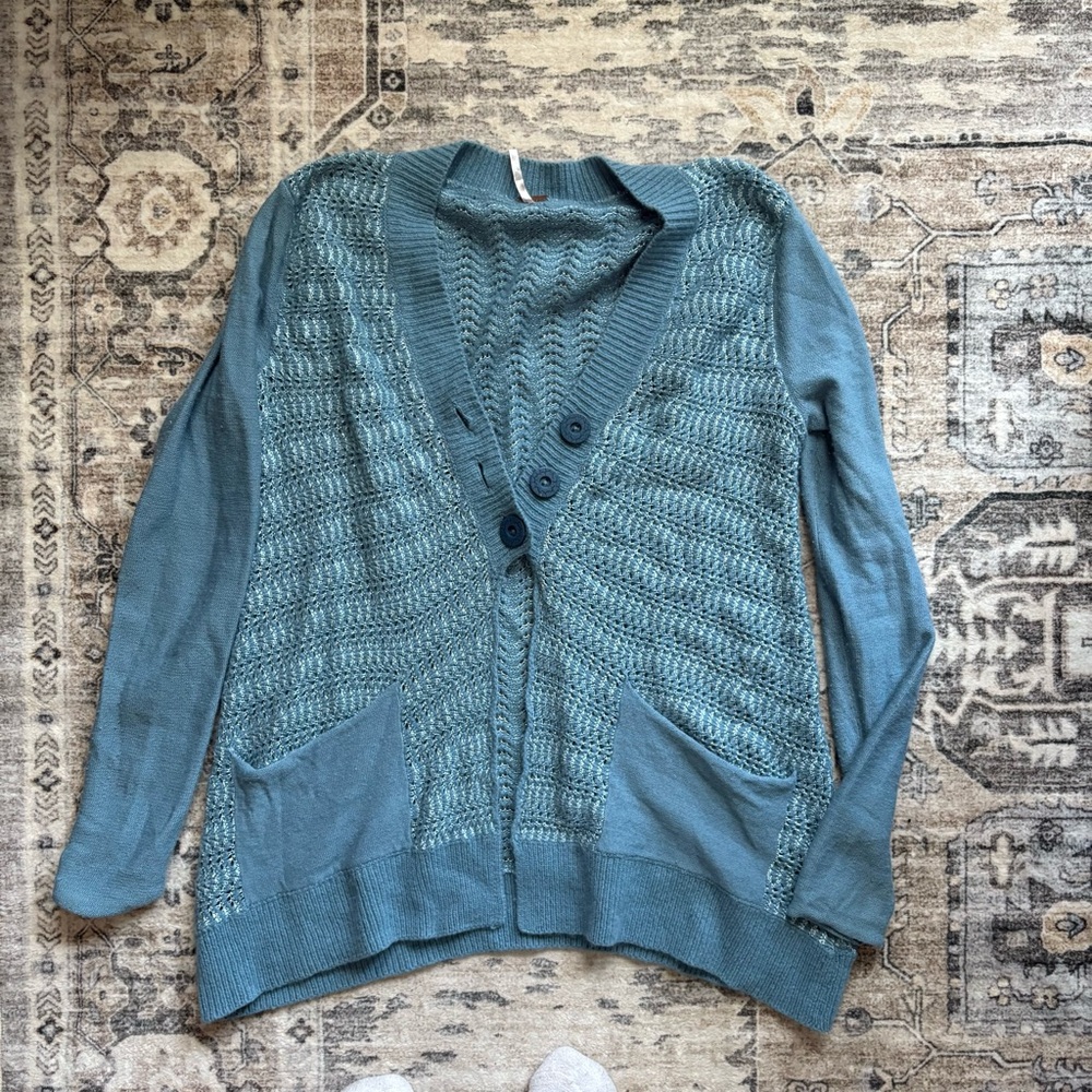 Free people boho blue shimmer knit cardigan size S